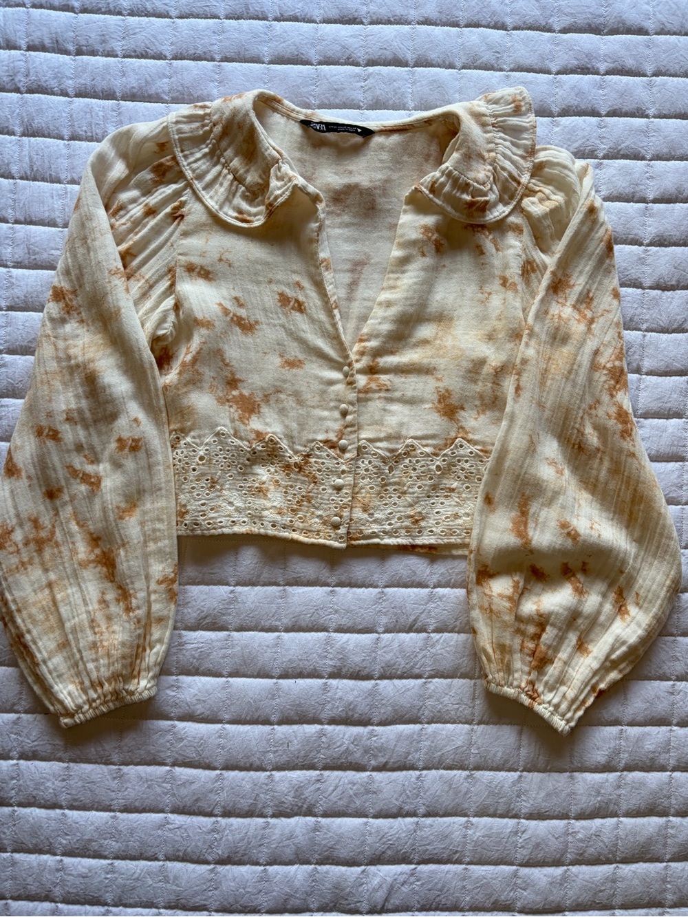 Zara Women's Tie-Dye Button-Up Gauze Long-Sleeved Eyelet Cropped Blouse Size XS